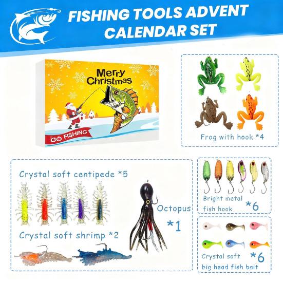 Kalendarz Adwentowy Wędkarski 2025 Kalendarz Odliczający do Świąt Bożego Narodzenia z 24 Przynętami 24 Dni Zestaw Przynęt Wędkarskich dla Mężczyzn Taty Nastolatków Wędkarzy