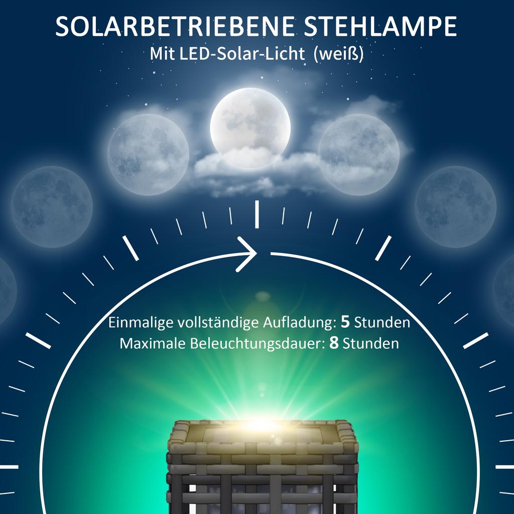 Outdoor Light with Solar Module, Automatic On-Switch, 8 h Operating Time, Rattan Look, Steel, 15.5 x 15.5 x 46 cm, Grey