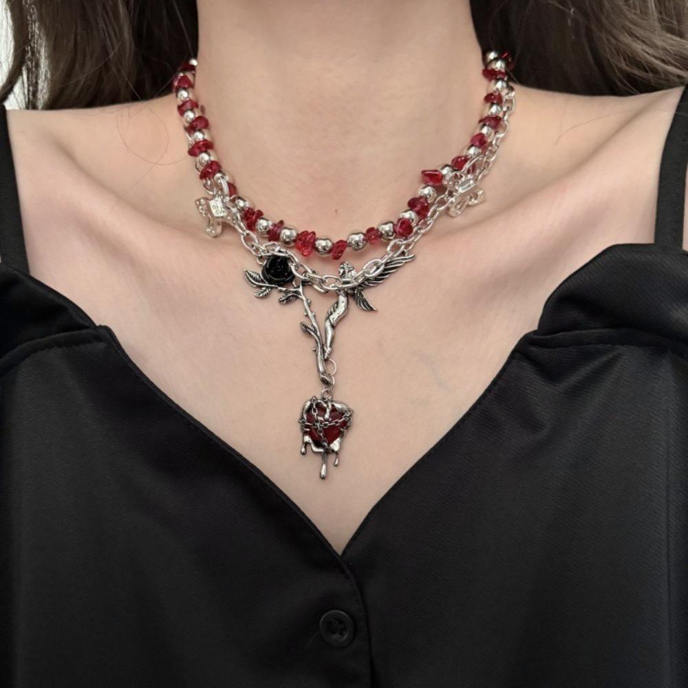 Heart Pendant Crystal Beads Necklace Angle Clavicle Chain Choker Gothic Multilayer Necklace  Gifts