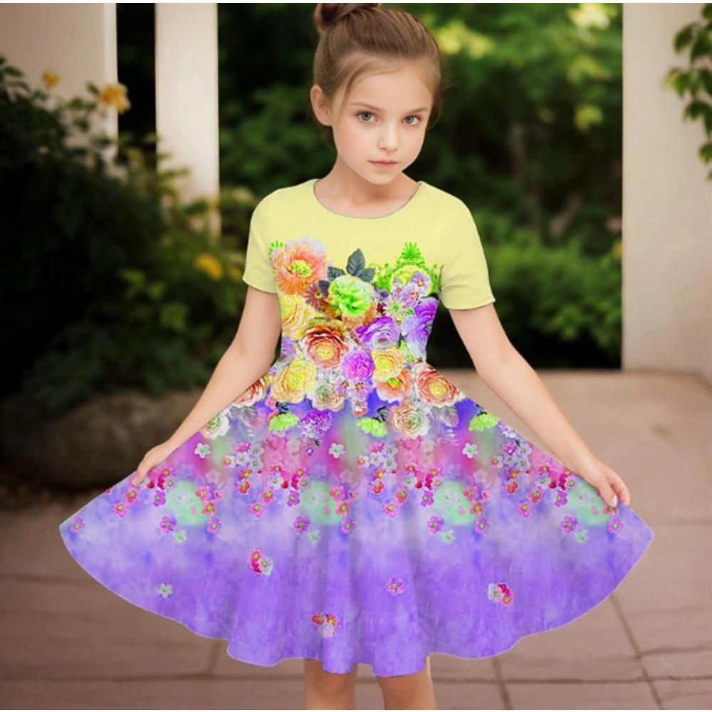 Girls 3D Print Dresses Kids Girl Party Short Sleeve Princess Dress Tank 3D Bouquet Print Dress