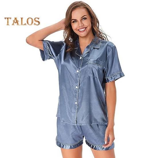 

Пижамный костюм из 2 предметов, атласный однобортный кардиган, рубашка с V-образным вырезом, воротником-стойкой, однотонная рубашка с нагрудным карманом, свободные шорты, ночная рубашка, одежда для сна L синий/серый