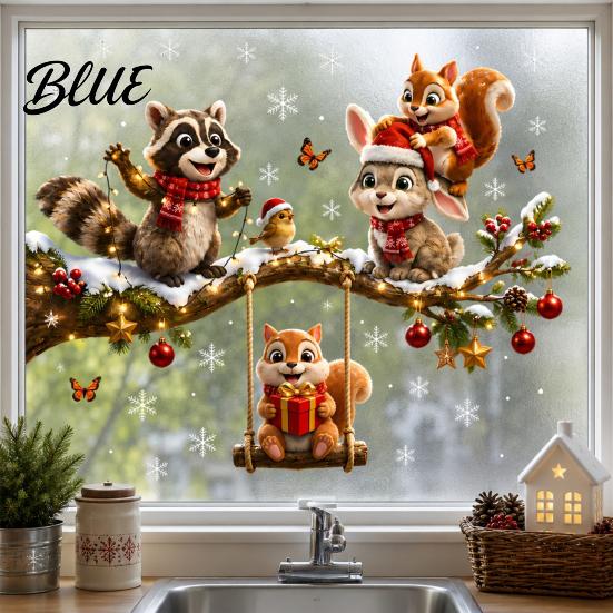 Kids Room Window Ornaments Christmas Animals Clings Raccoon Squirrel Rabbit and Bird on Branch Static Glass Stickers for Decals Bedroom Living