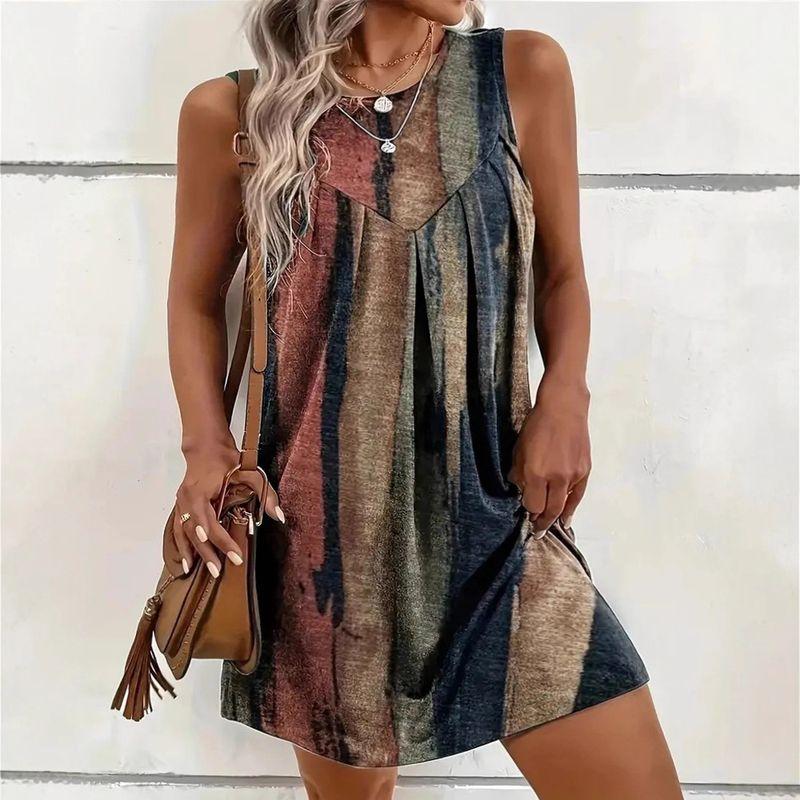

European and American Cross-Border Export Summer Fashion Women s Popular V-neck Stripe Brown Plus size dresses Color Matching Sleeveless Vest Dress Brown S (Bust size 84)