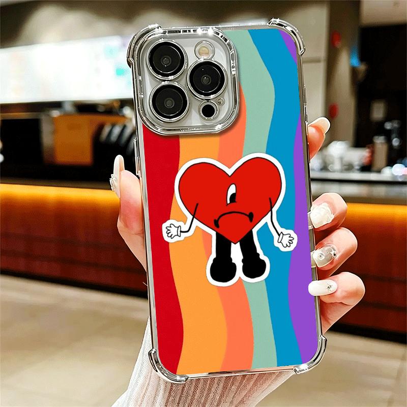 Bad Bunny Heart Plating Phone Case For Iphone 16 17 Pro Max Air 16E 14 15 Plus 12 13 Mini Anti-Fall Airabag Cover