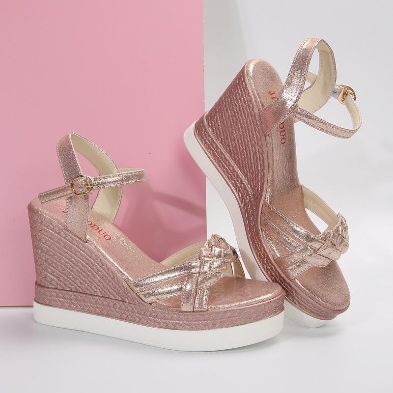 

Fashion Summer 2025 New Soft Leather Open Toe Women s Wedge Sandals Platform Soft Sole Lightweight Buckle Strap Heels 41 розовый