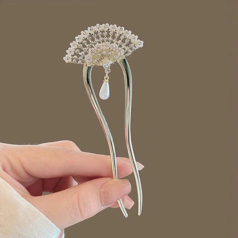 U Shaped Hair Sticks Forks Chinese Fan Shaped Hairpins Side Clips Pearls Pendant Decor Elegant Women Hair Bun Maker Jewelry