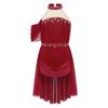Girls Performance Dress Lyrical Costume Halter Backless Cutout Back Rhinestone Detail Ruched Mesh Draped Skirt