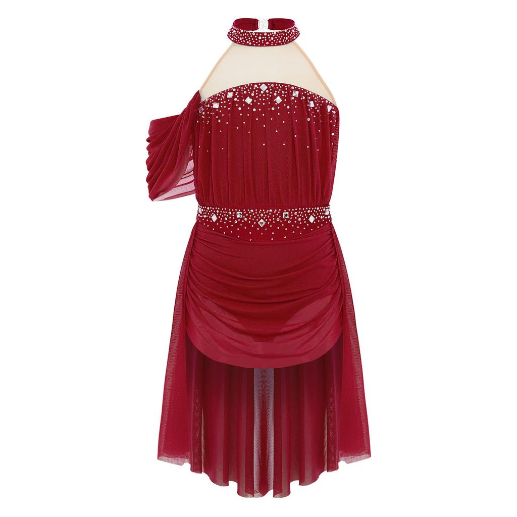 Girls Performance Dress Lyrical Costume Halter Backless Cutout Back Rhinestone Detail Ruched Mesh Draped Skirt