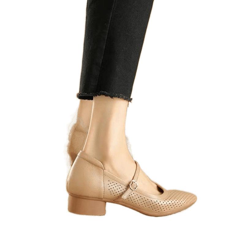 Large Size Hollow Small Leather Shoes Summer Thin Hole Shoes with Soft Leather Mother Shoes Soft Sole Mary Jane Single Shoes Women