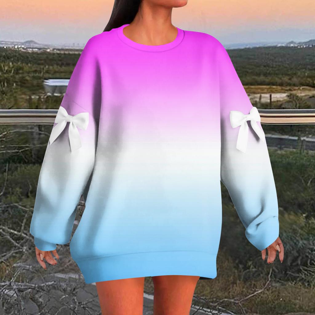 Damtröja med graderat tryck, rosett, rund hals, lång ärm, lös passform