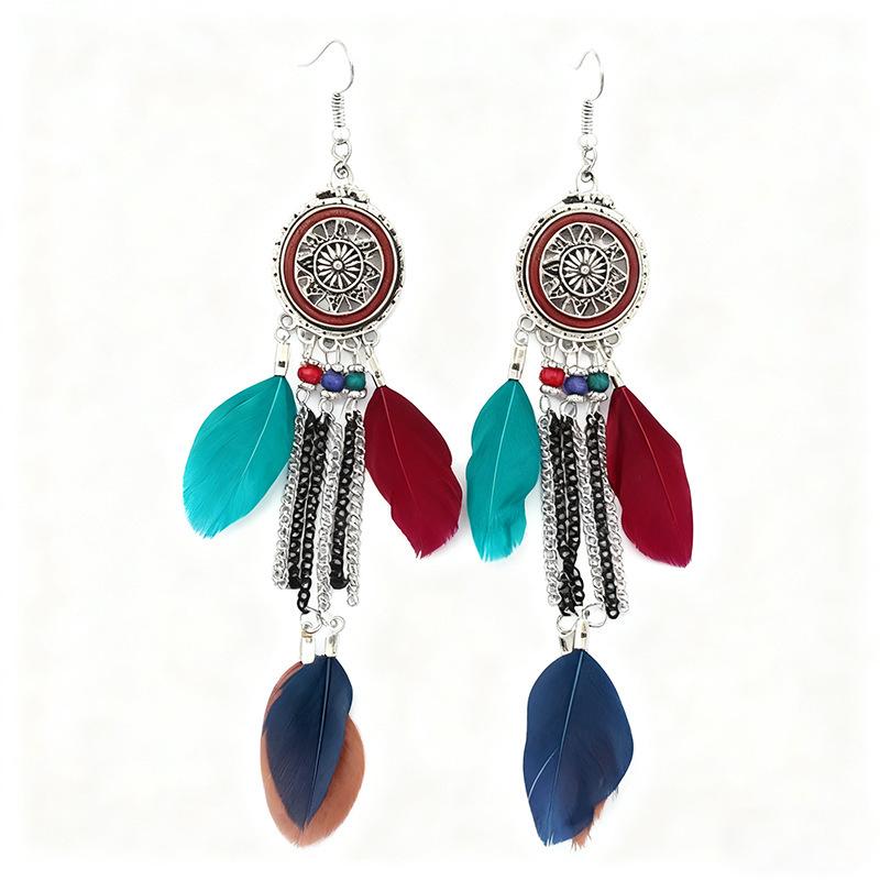 Vintage Bohemian Feather Tassel Earrings Exaggerated Ethnic Vacation Dangle Ear Jewelry Fashion Accessories For Women