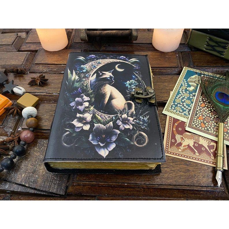 Grimoire Cat Leather Journal -Notebook Sketchbook - Book of shadow - Witch Wiccan Journal -Handmade Deckle Edge Paper Gifts For Halloween