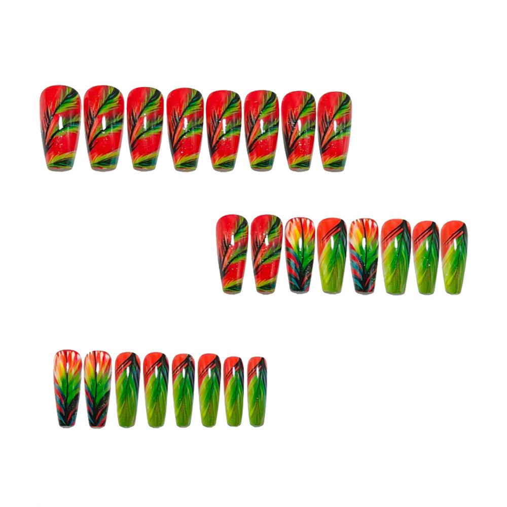 Gradient Feather Texture Nail Art Stickers - Red, Orange, Green Ballet Style False Nail Tips