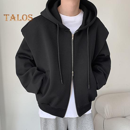Men Sweatshirt Hooded Drawstring Long Sleeve Zipper Placket Sport Coat with Pockets Solid Color Loose Fit Casual Outwear