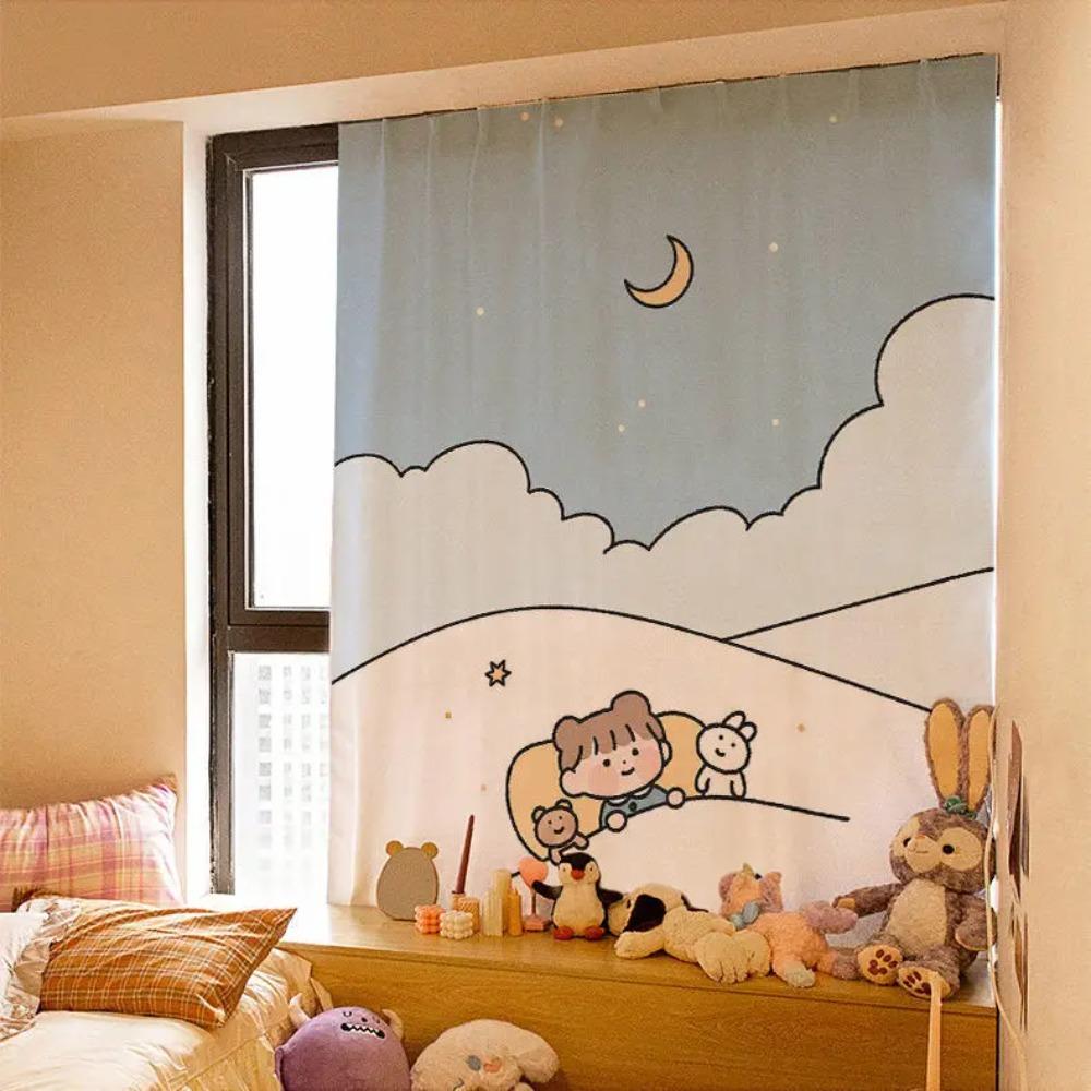 Kawaii Ins Curtain Fabric Punch-free Short Curtain Cartoon Curtains Self-adhesive Wall Cloth for Window Shading