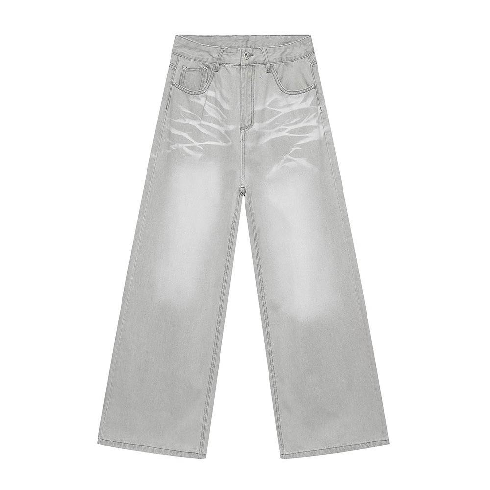 Menswear | Cleanfi Casual Cat Whiskers Washed White Light Grey Straight Wide Leg Jeans
