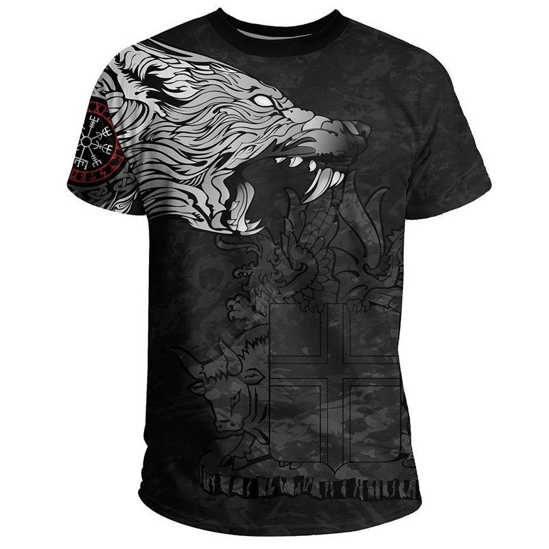 Men s 3D Printed T-Shirt Dragon and Wolf Pattern Print Short Sleeve O-Neck Pullover Casual Top S
