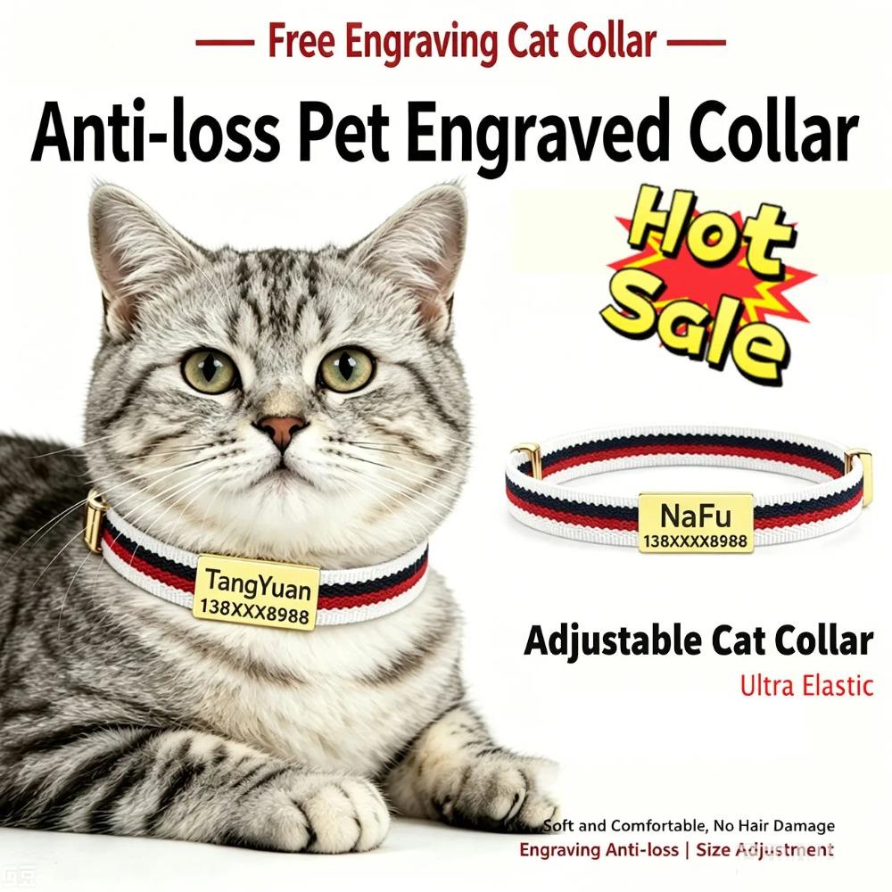 Personalized Customized Cat Collar with Metal Name Tag Pet ID Anti-lost Breakaway Elastic Small Dog Kitten Striped Cute Necklace
