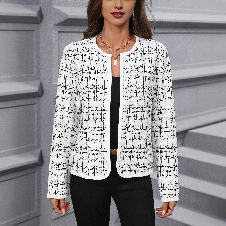 Women's Long Sleeve Cardigan Round Neck Elegant Tweed Jacket Houndstooth Pattern Casual Outerwear Fall Coat