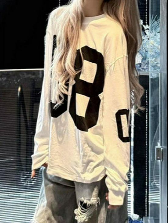 Snowflake Cotton American Style No. 08 Women's Long Sleeve T-shirt - Trendy Autumn/Spring High Street Loose Fit