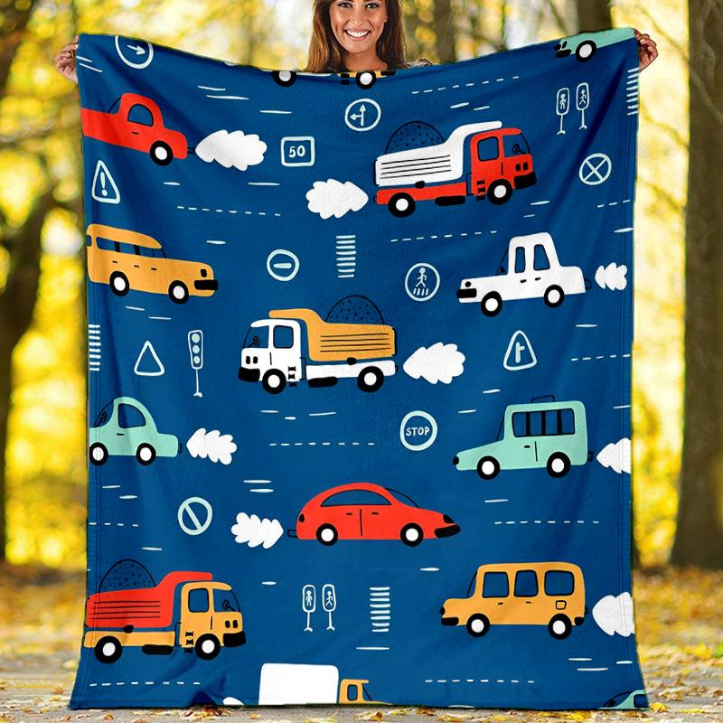 Cute Cars Theme Printed Blanket - Perfect for Couch, Bed, Travel & Outdoor Use | Machine Washable, Cozy & Durable.