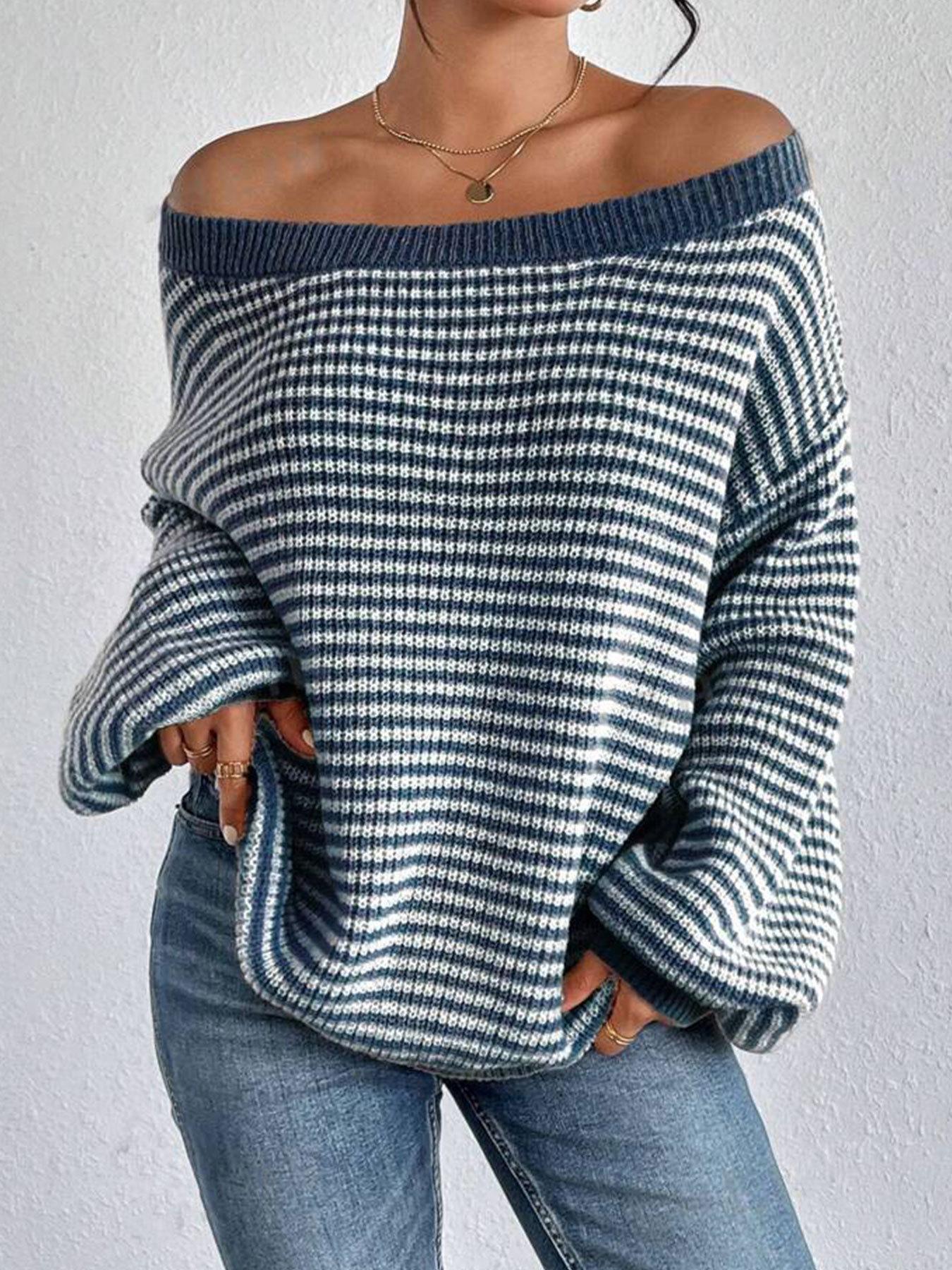 2024 Fall/Winter One-Shoulder Striped Knitwear with Drop Shoulder Sleeves Small синий