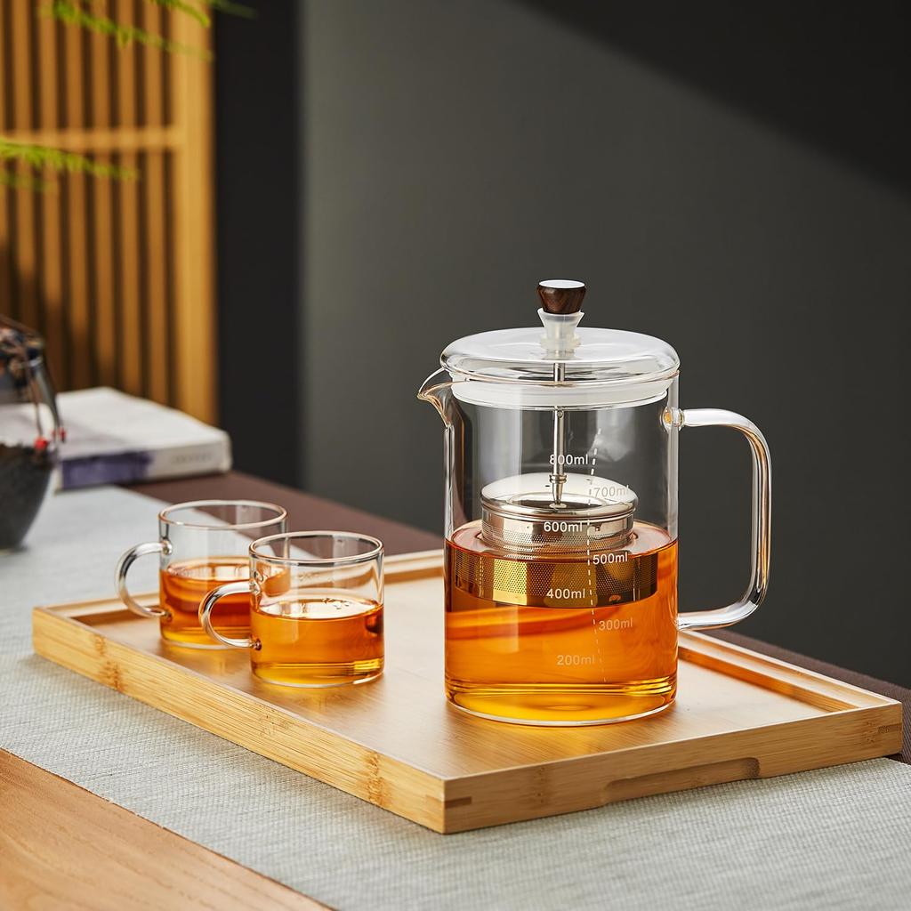 Pokaro Tea Tea Press, Heat-Resistant Glass Teapot with Measuring Cup, 800ml Capacity, Includes Lid, Graduations, Stainless Steel Filter, Handle,