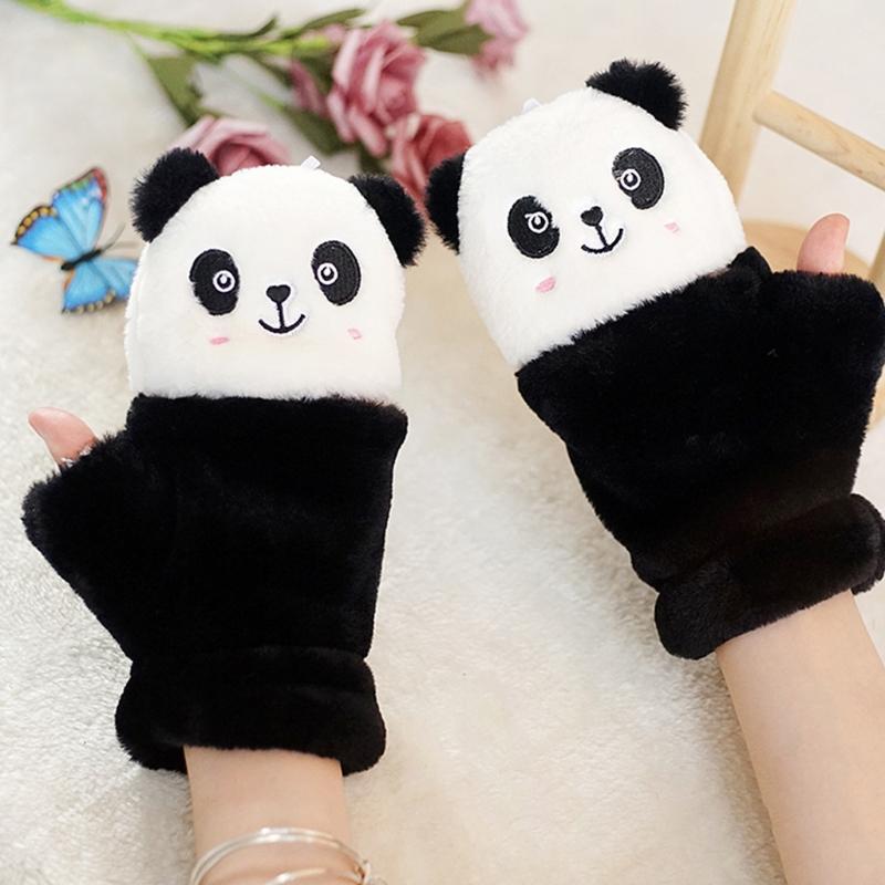 Winter Warme Handschuhe Flauschige Tier-Fäustlinge Plüsch-Panda Halbfingerhandschuhe mit Klappdeckel Warme Handschuhe für Kaltes Wetter