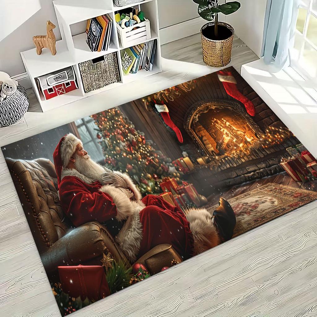 2026 New Merry Christmas Tree Santa Claus New Year Cartoon Carpet Rug for Bedroom Living Room Sofa Home Doormat Decor,Non-slip