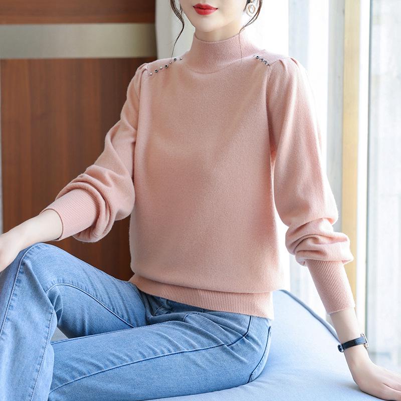 Women's Pure Wool Sweater with Half-High Collar & Lantern Sleeves - Warm, Fashionable Knitwear Pullover
