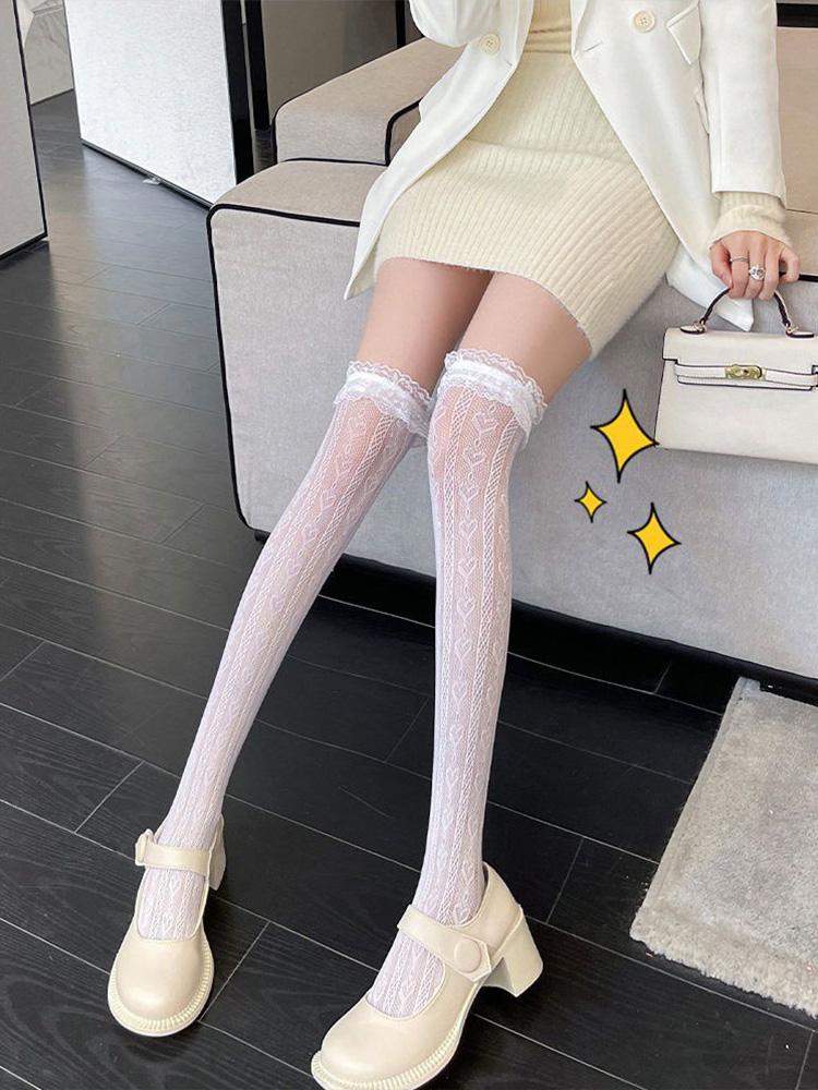 White Wisteria Knee Length Stockings Lace Lace Over Knee Tower Thin Long Tube Stockings Women JK Long Stockings
