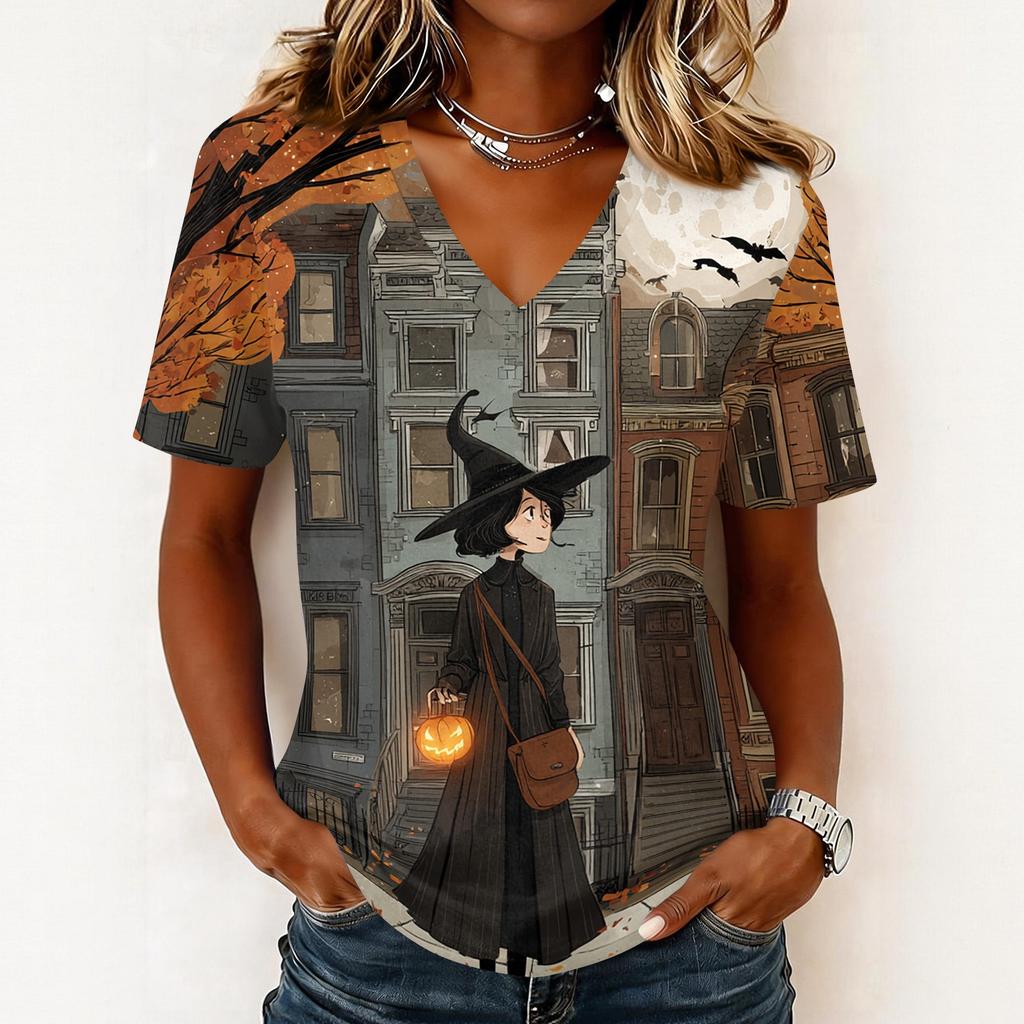 Womens Casual Halloween Print V Neck Pullover Top Short Sleeve Lightweight Shirt for Fall Seasonal Wear