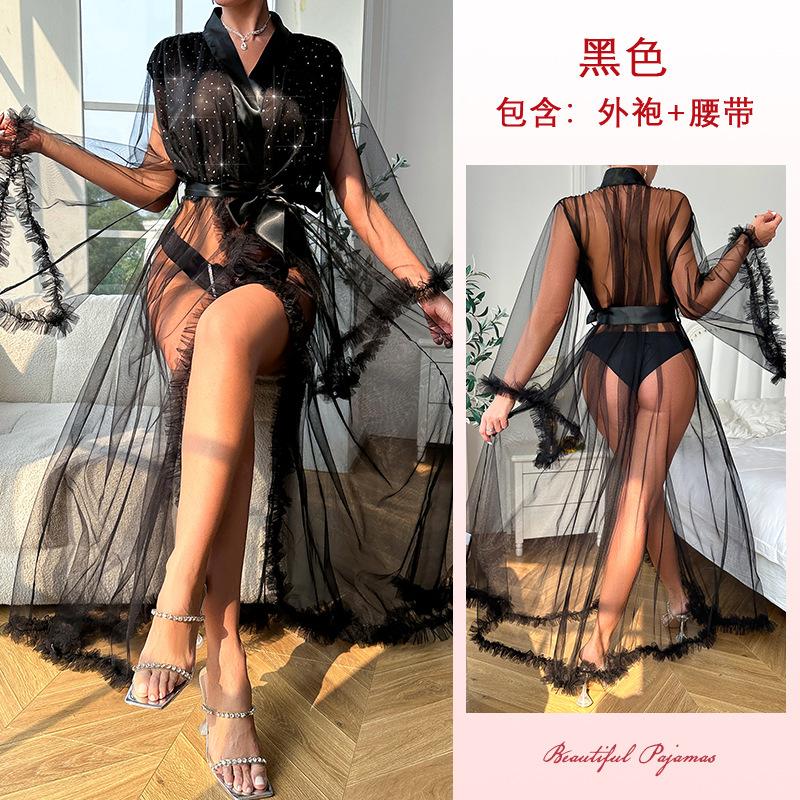 Sexy mesh perspective long nightgown women's chest sequins fringed edge lace-up waist loungewear