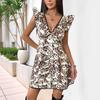 Women's New Casual Party Personalized Lace Fly Sleeve V-Neck Leopard Dresses