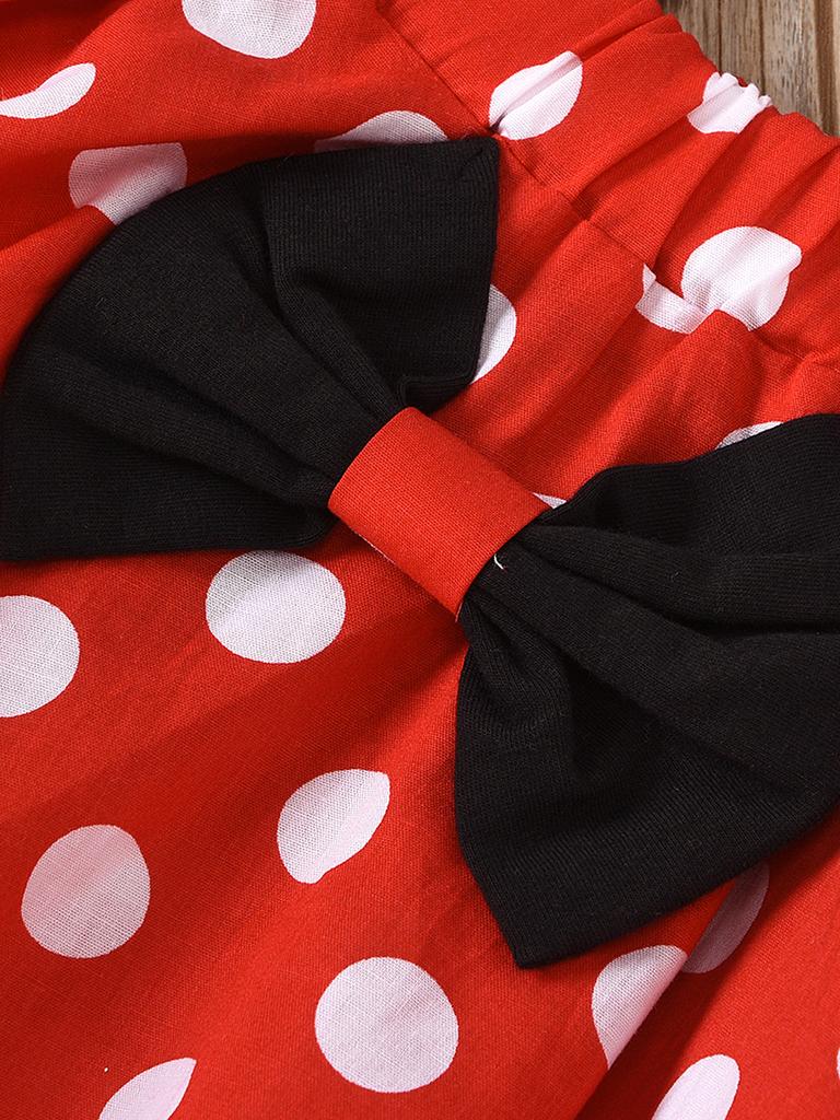 Kids Girls 3 Piece Outfit Long Sleeve Top with Flutter Sleeves Polka Dot Dress and Bow Headband Spring Autumn Set