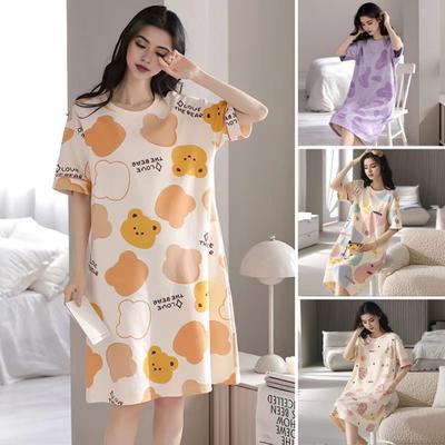 Women Summer Nightgown Cartoon Print O Neck Loose Short Sleeves Pullover Knee Length Homewear Dress Lady Casual Nightdress Sleepwear