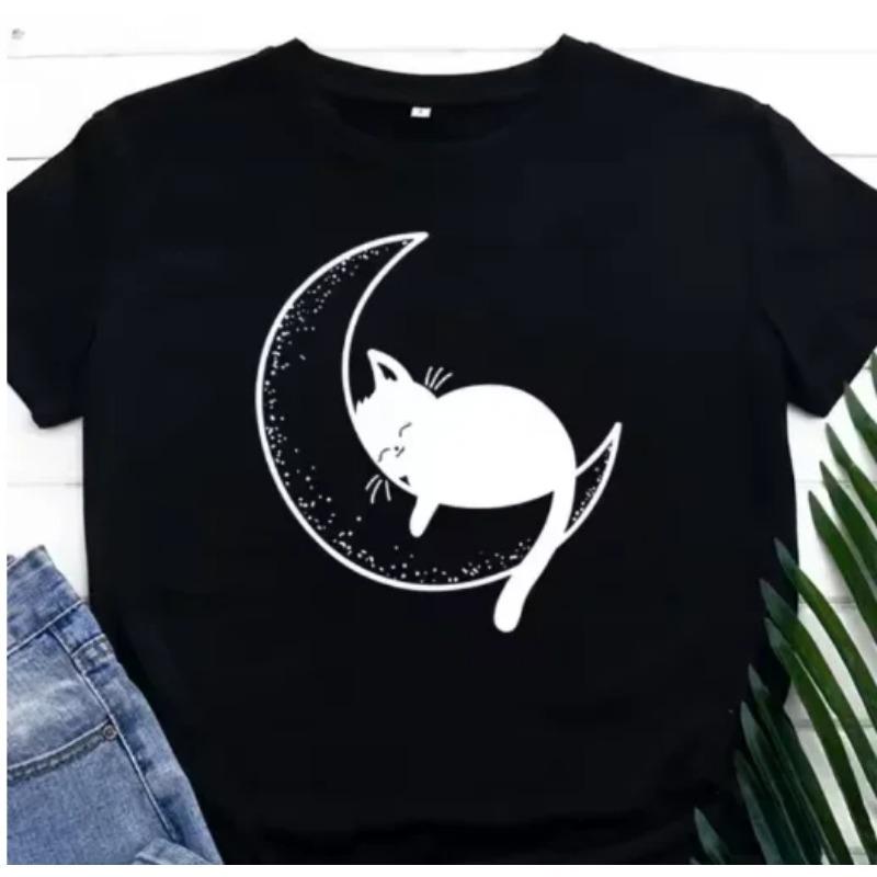 

Women s Cute Black Cat Heart Pattern T-shirt Retro Style Short Sleeve 6XL