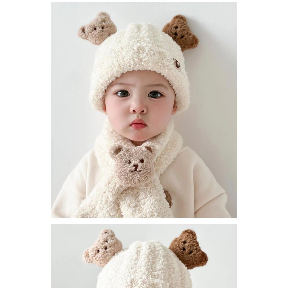 21 Colors Baby Hat Autumn and Winter Plush Scarf Two Sets, Baby Boys and Girls Bear Cute Warm Thickened Toddler Hat