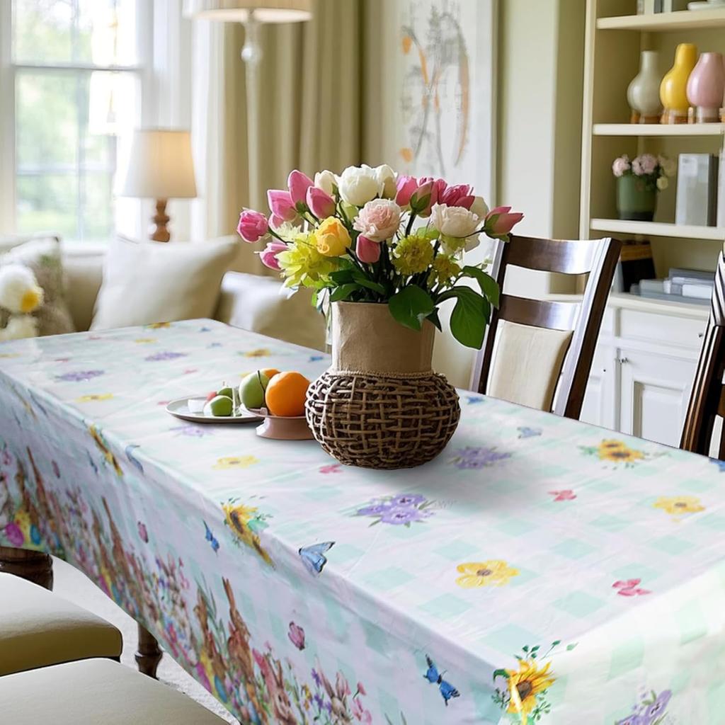 3 Pcs Easter Tablecloths, Disposable Plastic Table Cover for Party Dinner Decor, 54 x 108 Inch Rectangular(Bunny Floral Eggs)