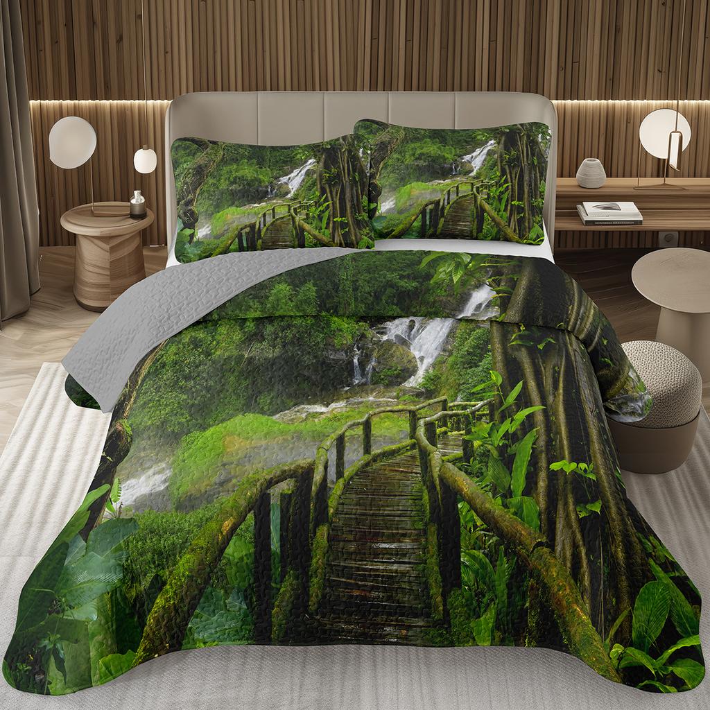 Forest Bedspread King/Full Magical Woodland Jungle Coverlet Set Dreamy Misty Scene Quilted Bedding Set Reversible Grey Bed Cover