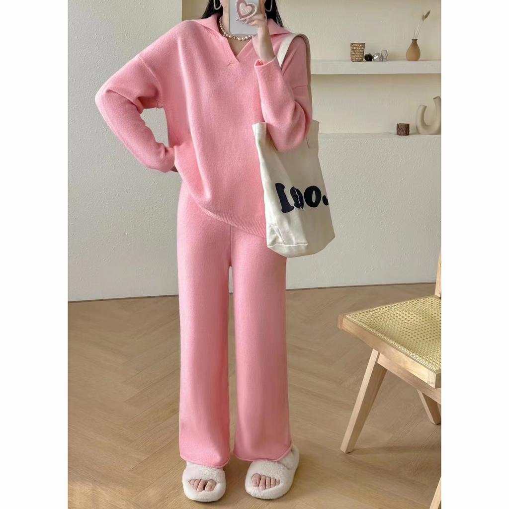 White Loose Knitted Two piece Sets Women Polo Collar Sweater Pullover Ankle Length Harem Pant