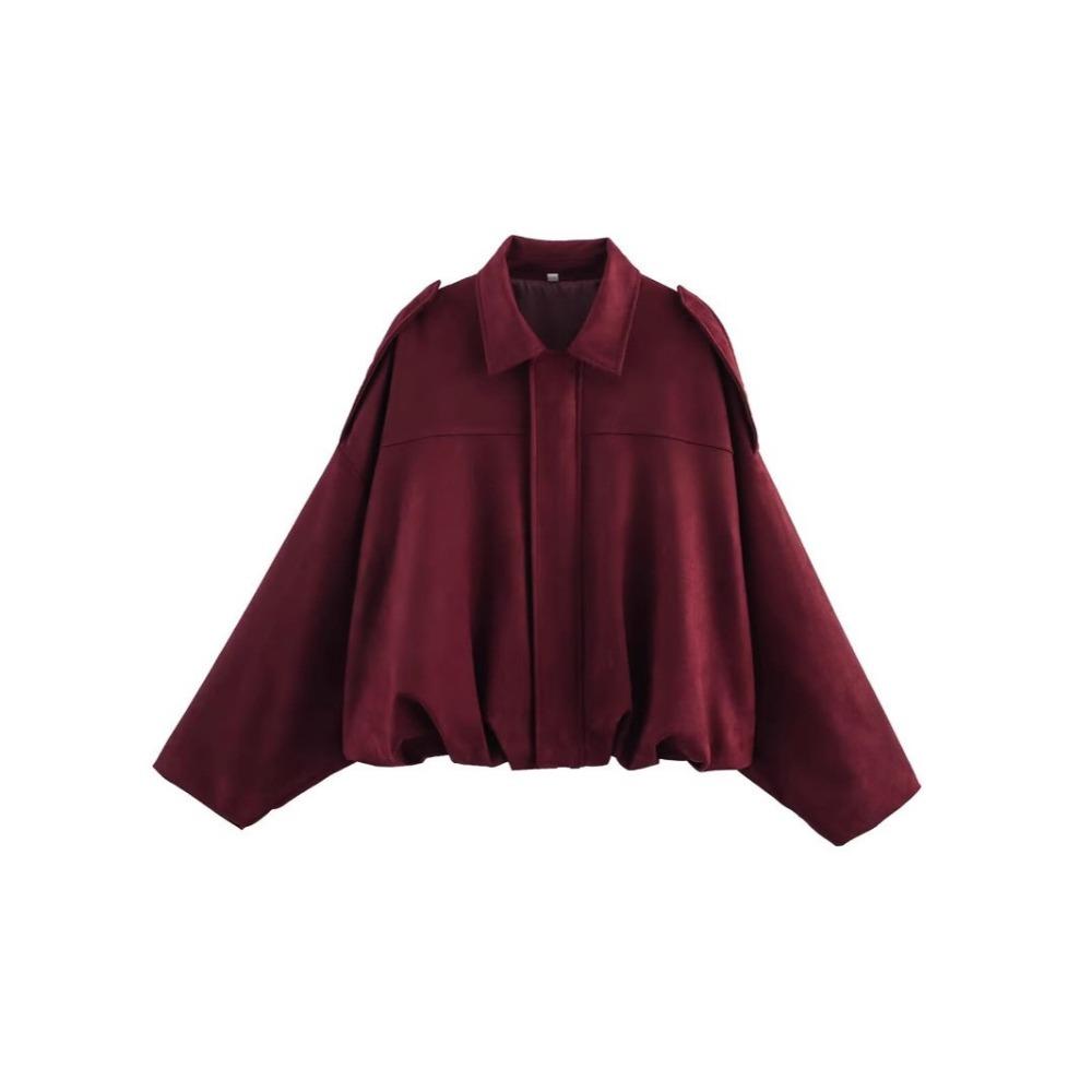 Women's Polo Neck Long Sleeve Bomber Jacket Loose Fit Streetwear Outerwear Suede Texture Coat
