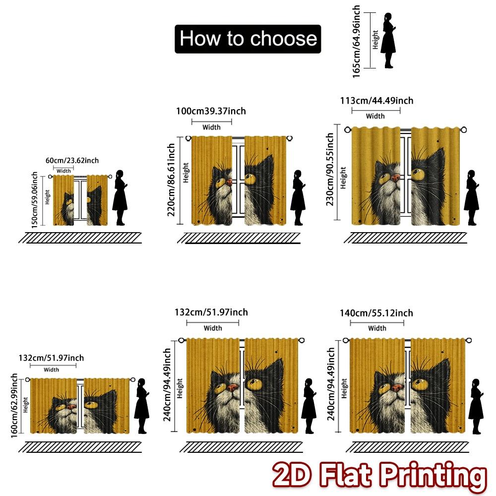 2D flat printing 2pcs Curtain Drapes Curious Black & White Cat Digital Printed Polyester Drapes All Season Party & Holiday Decor