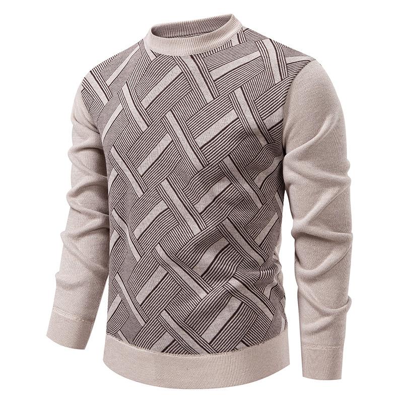 Autumn and Winter New Men's Fashion Trendy Striped Sweater Plus Velvet Thickened Casual Round Neck Warm