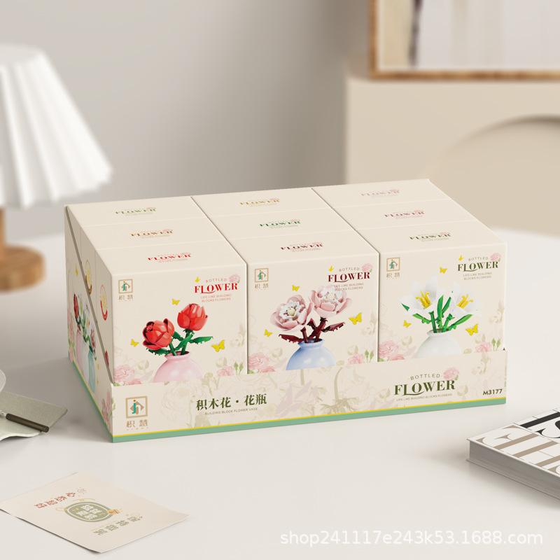 Building Block Pot Plant Bouquet of Flowers, Roses, Lily Building Blocks, Toys with Flower Pots, Cute Living Room Ornaments Gift
