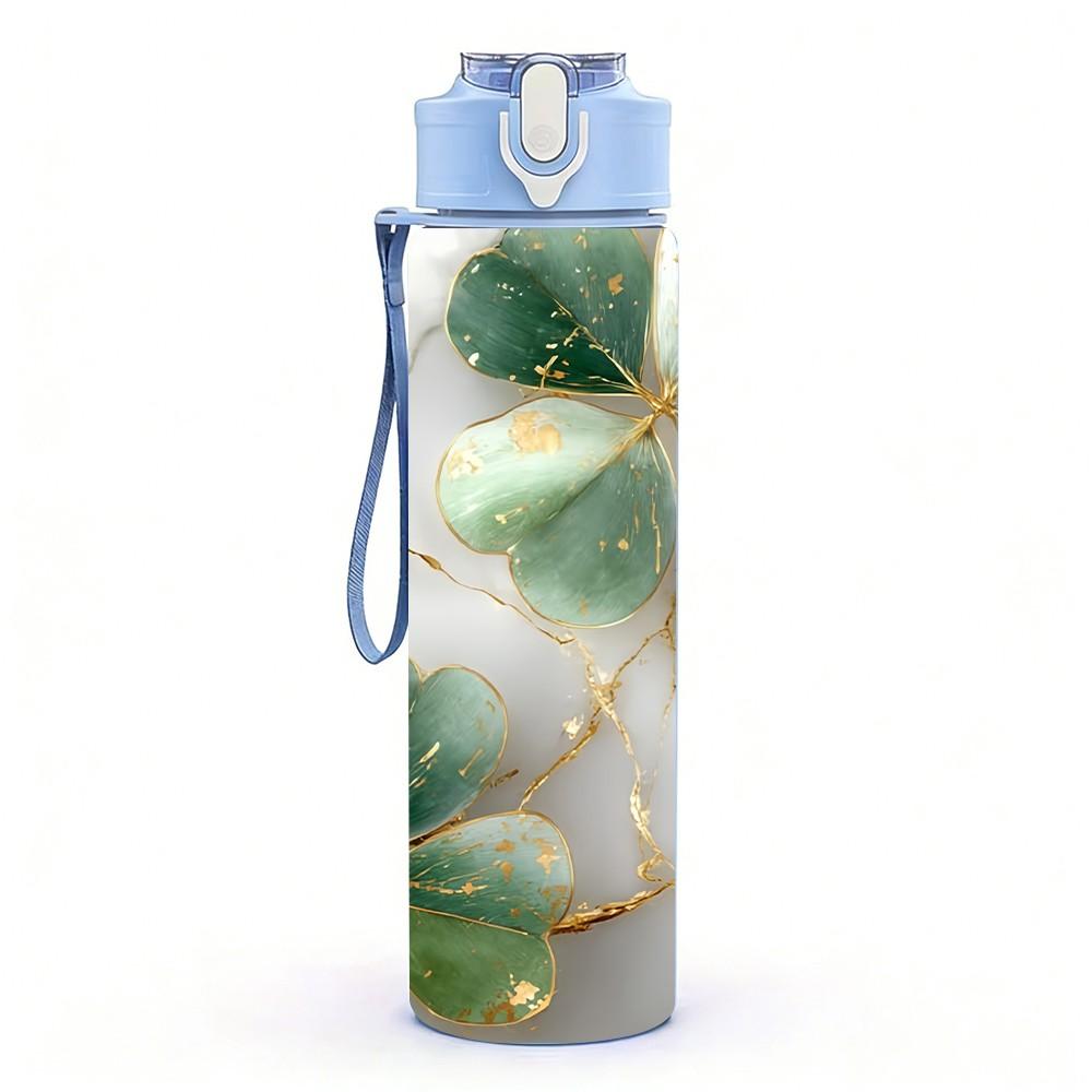1PC Clover Leaf Gold Marble Pattern 750ml Color Plastic Sports Water Bottle Leakproof Flip Straw Lid Suitable for Sports Office Home Use