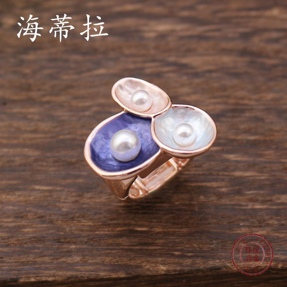 

Enamel Pearl Flower Elastic Ring Ladies Versatile Premium Flower Elastic Alloy Ring