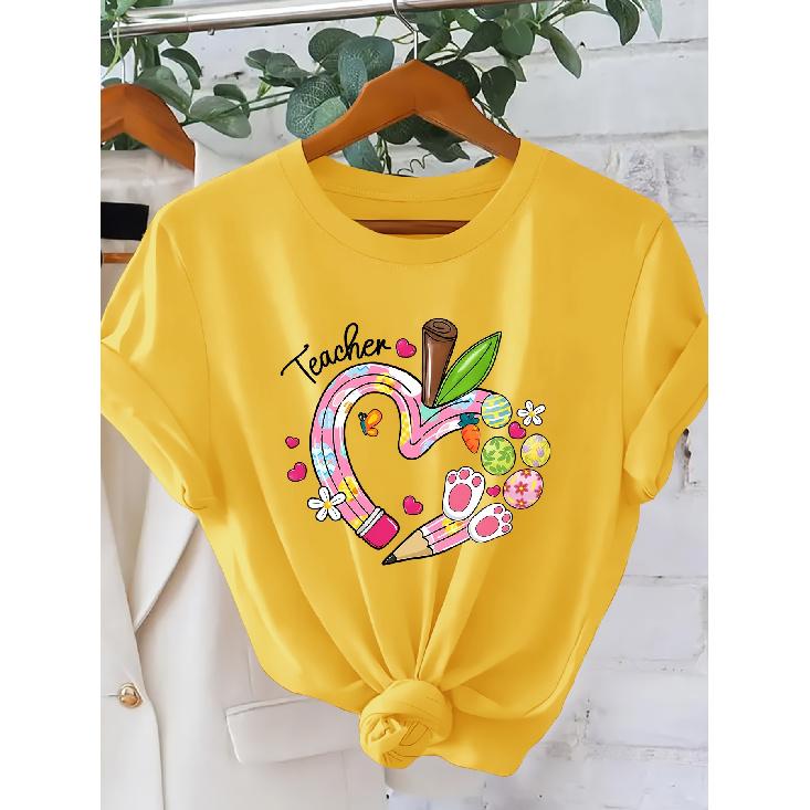 Women's Teacher Heart-shaped pencil short sleeve shirt One-piece Easter outfit T Shirt Teacher's Outfit for Holiday Outings 2026 New Spring and