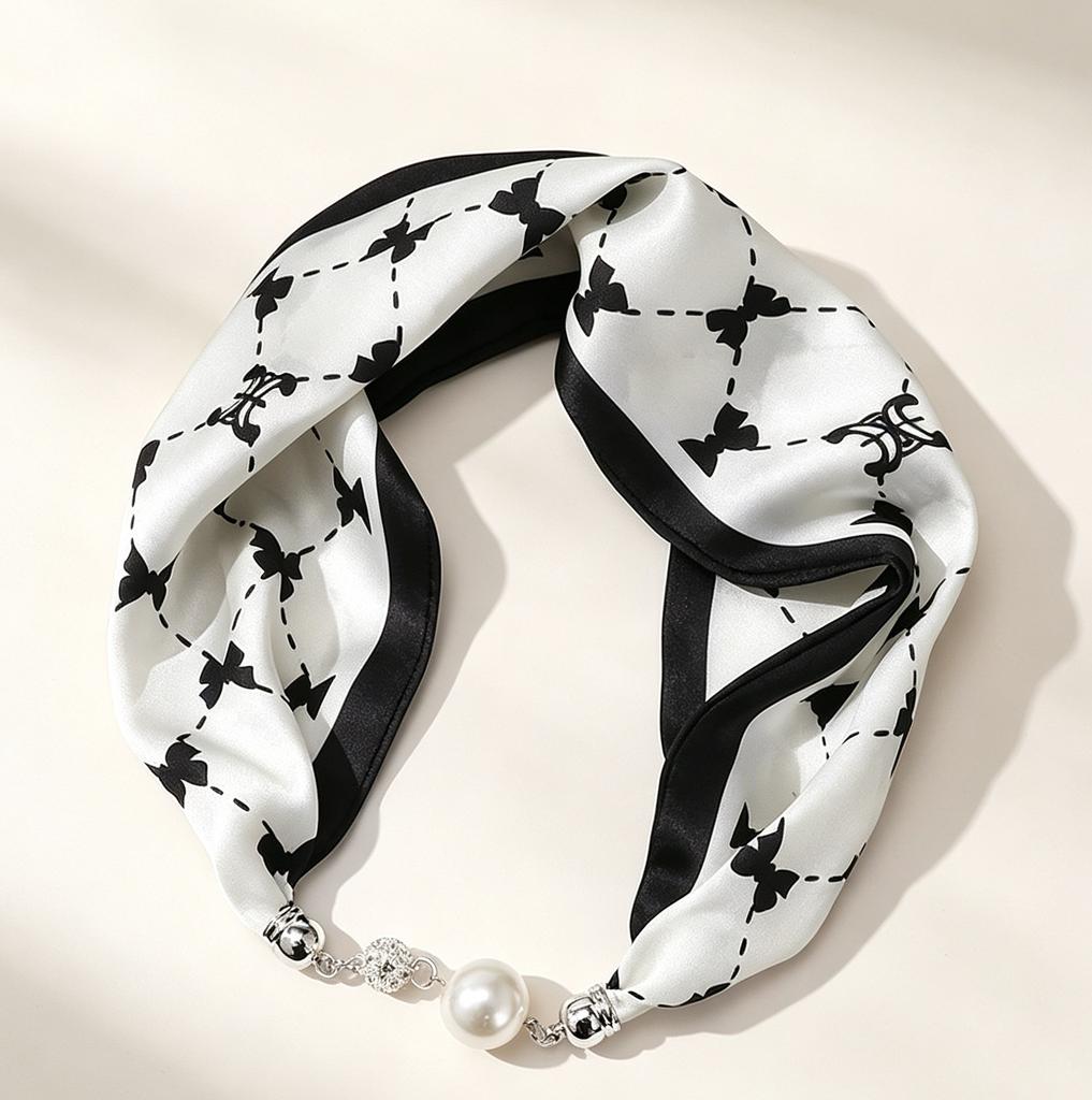 Internet celebrity explosion spring and summer magnetic attraction no knots small silk scarf pearl diamond ball high sense small scarf lazy thin scarf