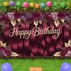 2D Birthday Photography Backdrop Burgundy Background with Purple Flowers and Satin Ribbons